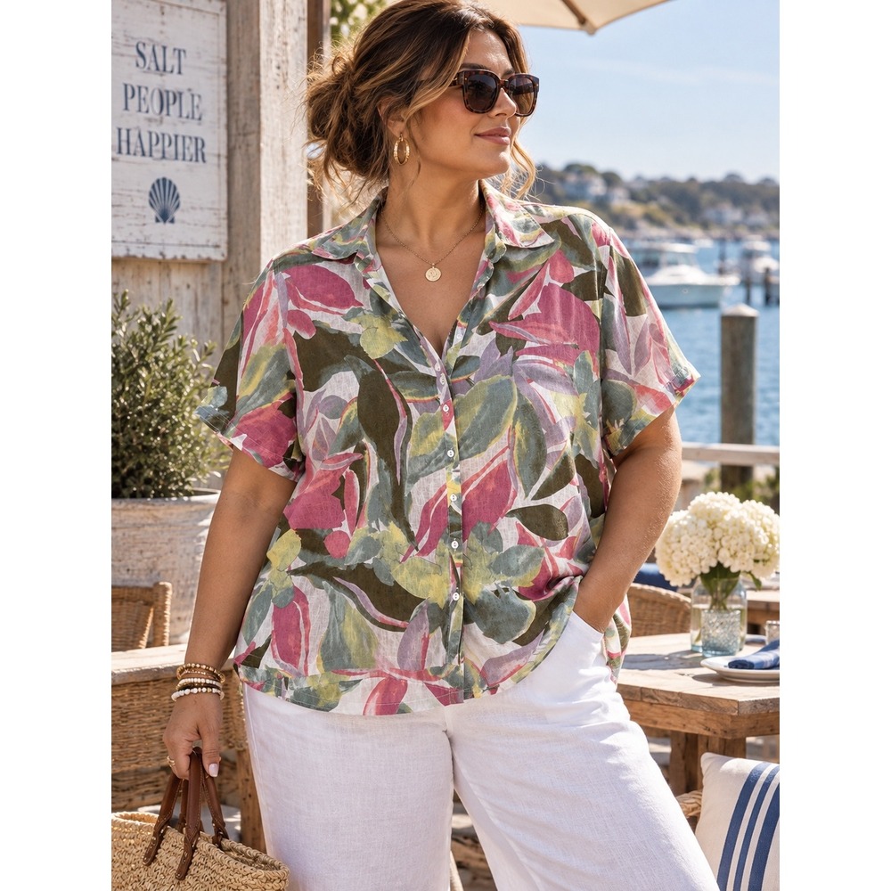Tahari Floral Linen Short Sleeve Button Down Shirt Women 2X Multi-Color